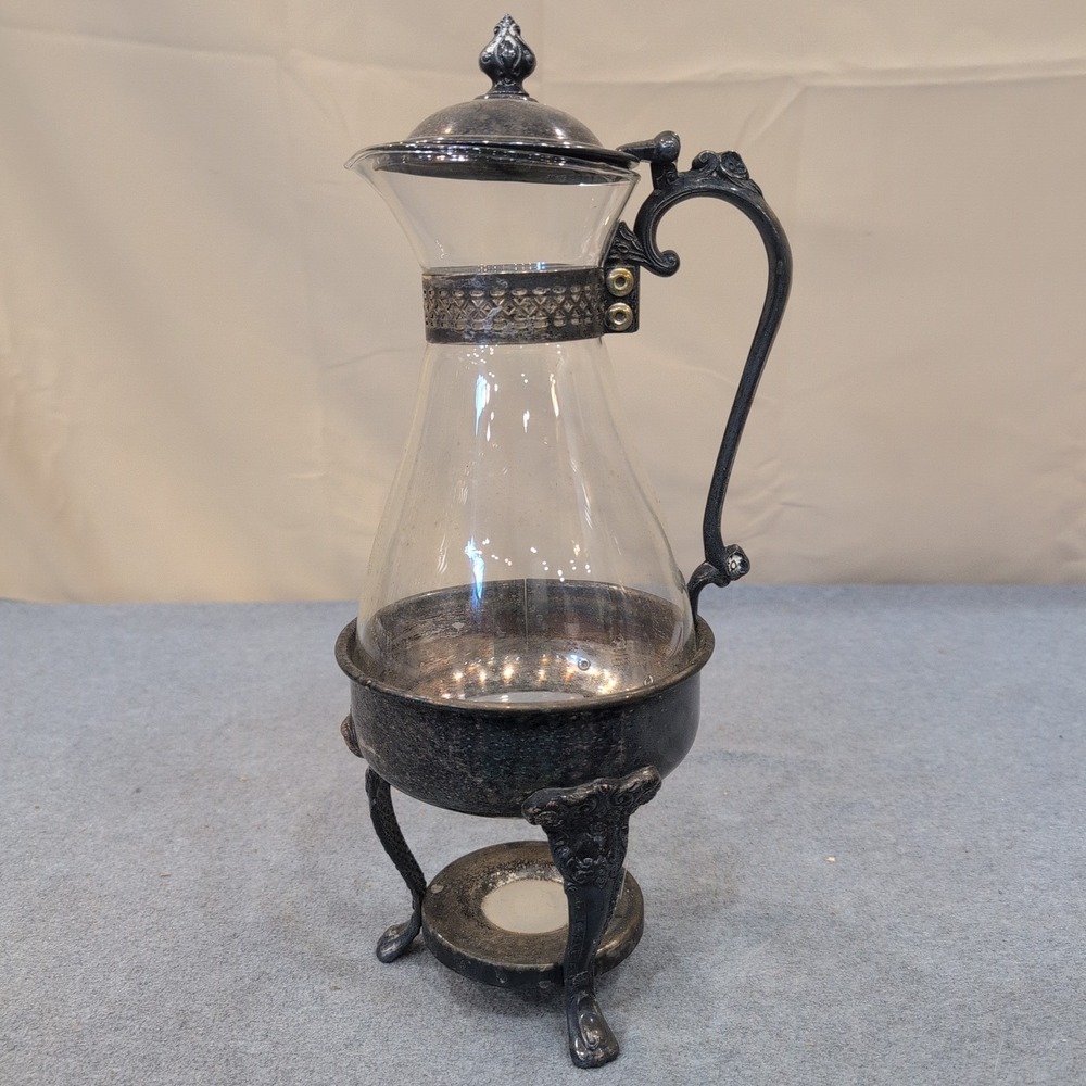 Sheridan Silver Plated Glass Carafe with Ornate Warming Stand Vintage Beverage